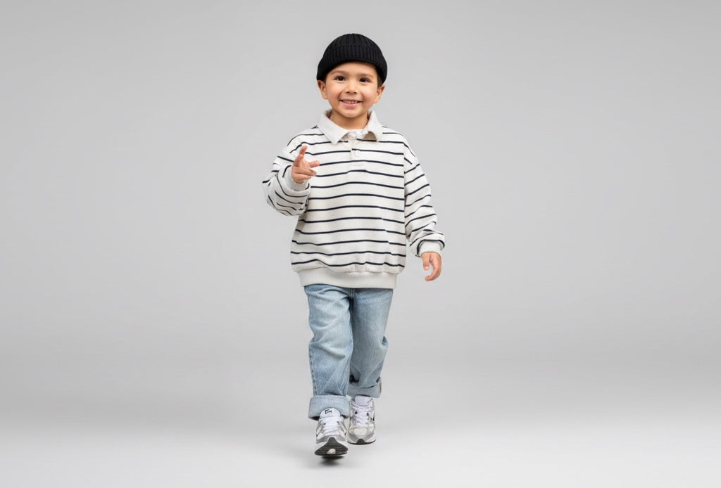 Sweatshirt Hellbeige mit dunkelblauen Streifen
