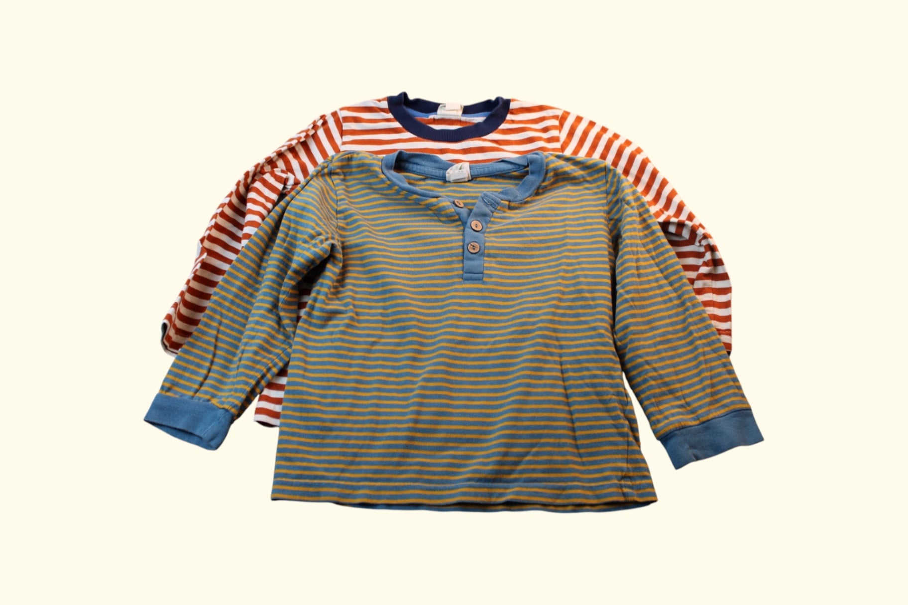 2er Kidkiddo Set 98/104 Blau und Gelb gestreift mit Pinguin-Applikation