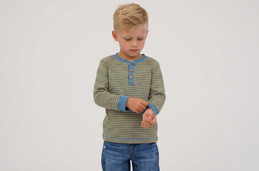 2er Kidkiddo Set 98/104 Blau und Gelb gestreift mit Pinguin-Applikation