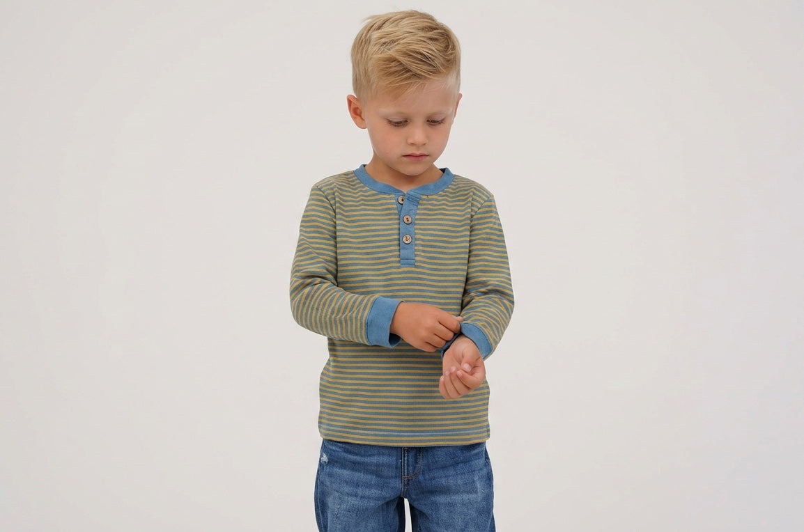 2er Kidkiddo Set 98/104 Blau und Gelb gestreift mit Pinguin-Applikation