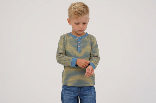 2er Kidkiddo Set 98/104 Blau und Gelb gestreift mit Pinguin-Applikation