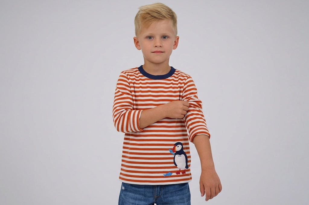 2er Kidkiddo Set 98/104 Blau und Gelb gestreift mit Pinguin-Applikation