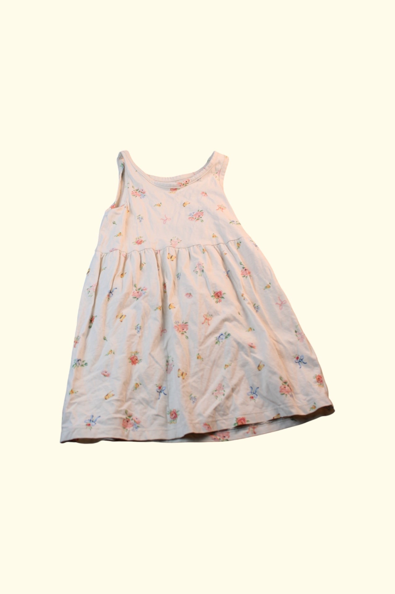 Kategorie 3 Kleid 98 Weiß/Creme mit pastellfarbenen Blumen und Schleifenmuster