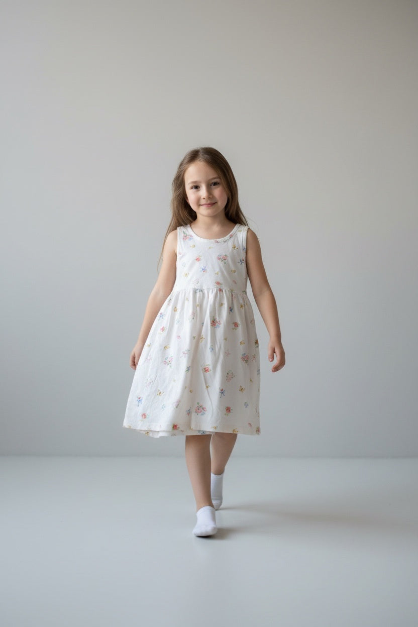 Kategorie 3 Kleid 110 Weiß mit bunten Blumenmustern