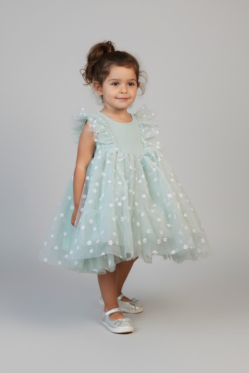 Kategorie 3 Kleid 86 Türkis mit weißem Blumenmuster