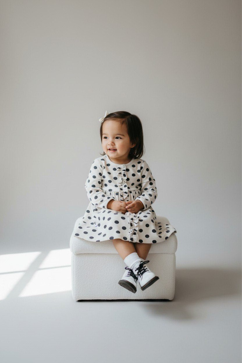 Petit Bateau Kleid 62 Weiß mit schwarzen Punkten
