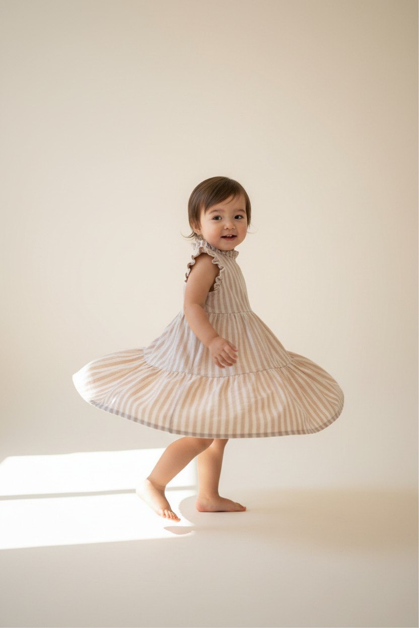 Leevje Kleid Beige mit weißen Streifen