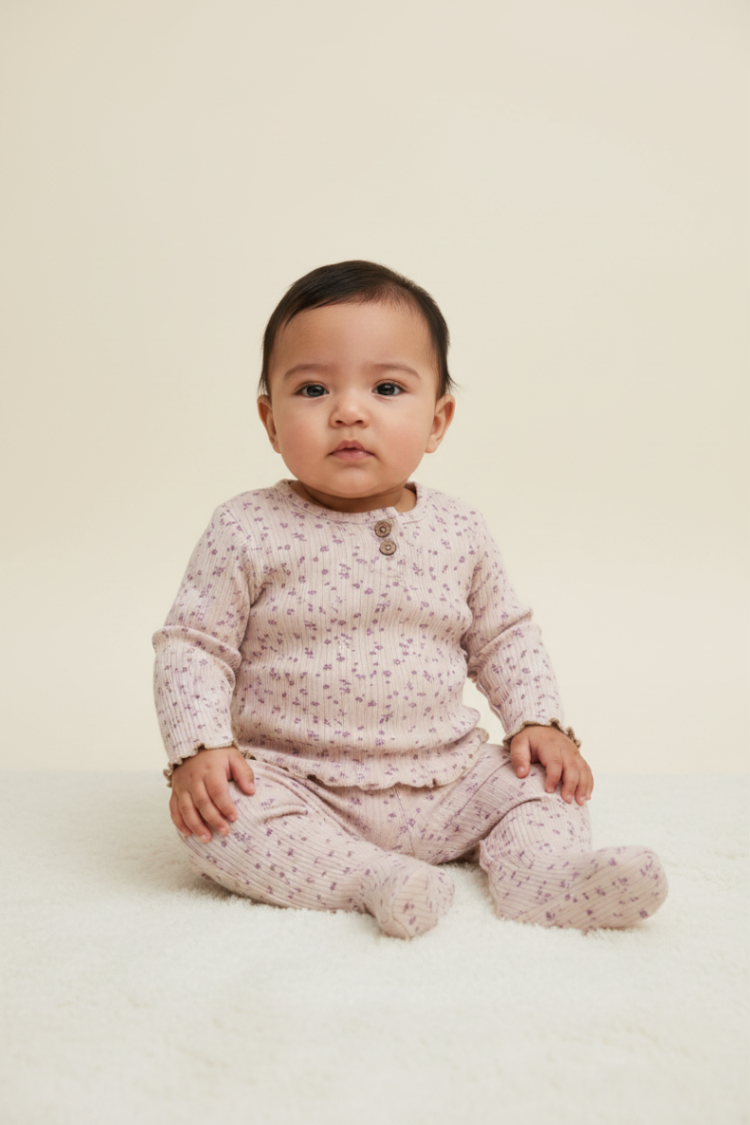  2er Kidkiddo Set 58 Beige mit lila Blumen