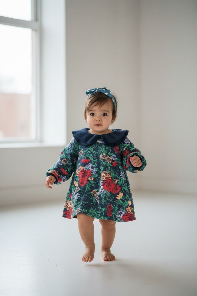  Kleid 82 Dunkelblau mit buntem Blumenmuster