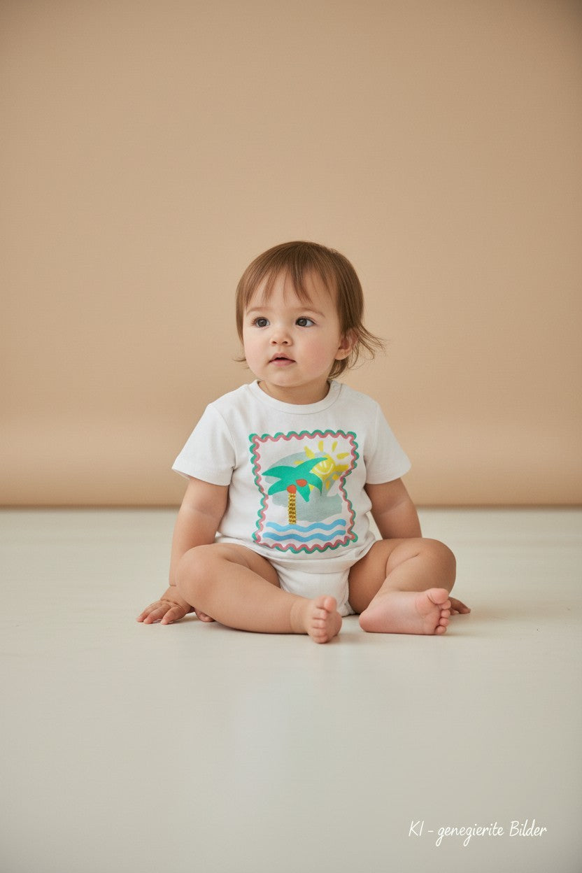 Stella Mc Cartney T-Shirt 68 Weiß mit bunter Palmen- und Meeresmotivs-Print