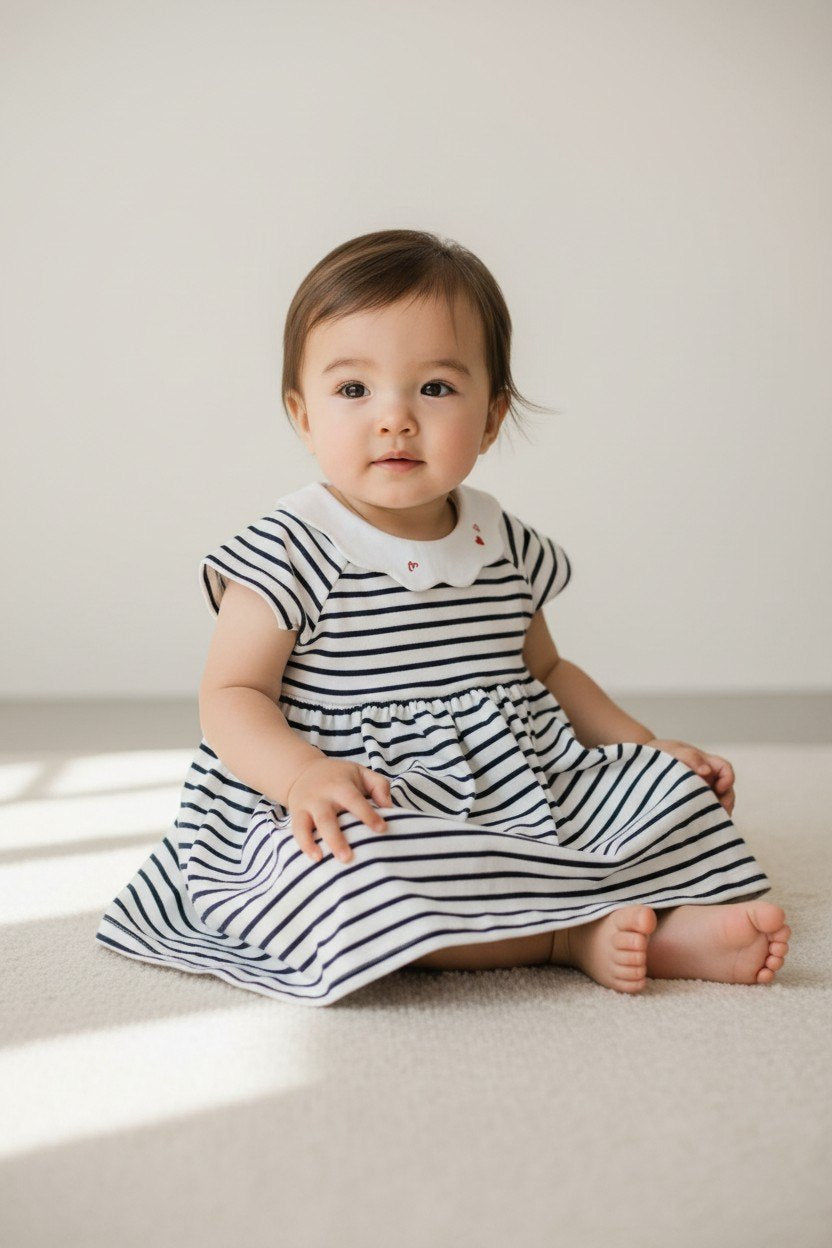 Petit Bateau Kleid Neu 62 Weiß und Marineblau